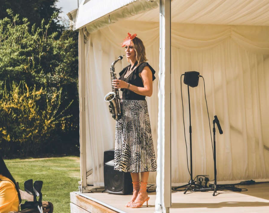 Kay holding Sax at Hutton Hall