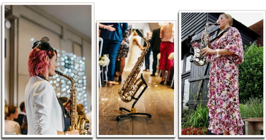 Kay collage with Sax, pink hair and a floral dress