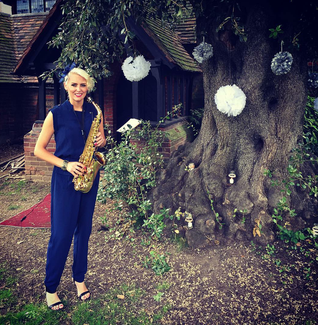 Sax outside for Anna's Reception Drinks